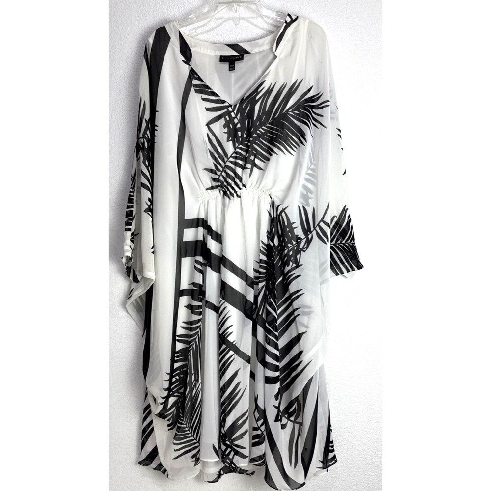 Lane Bryant Black White Palm Leaf Print V Neck Dolman Sleeve Kaftan Dress 22/24